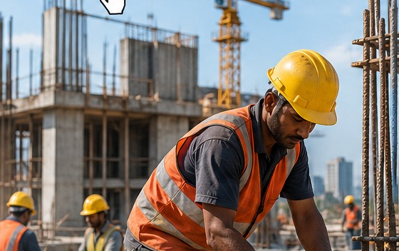 Construction workers in safety helmets and high-visibility vests working on a high-rise building site